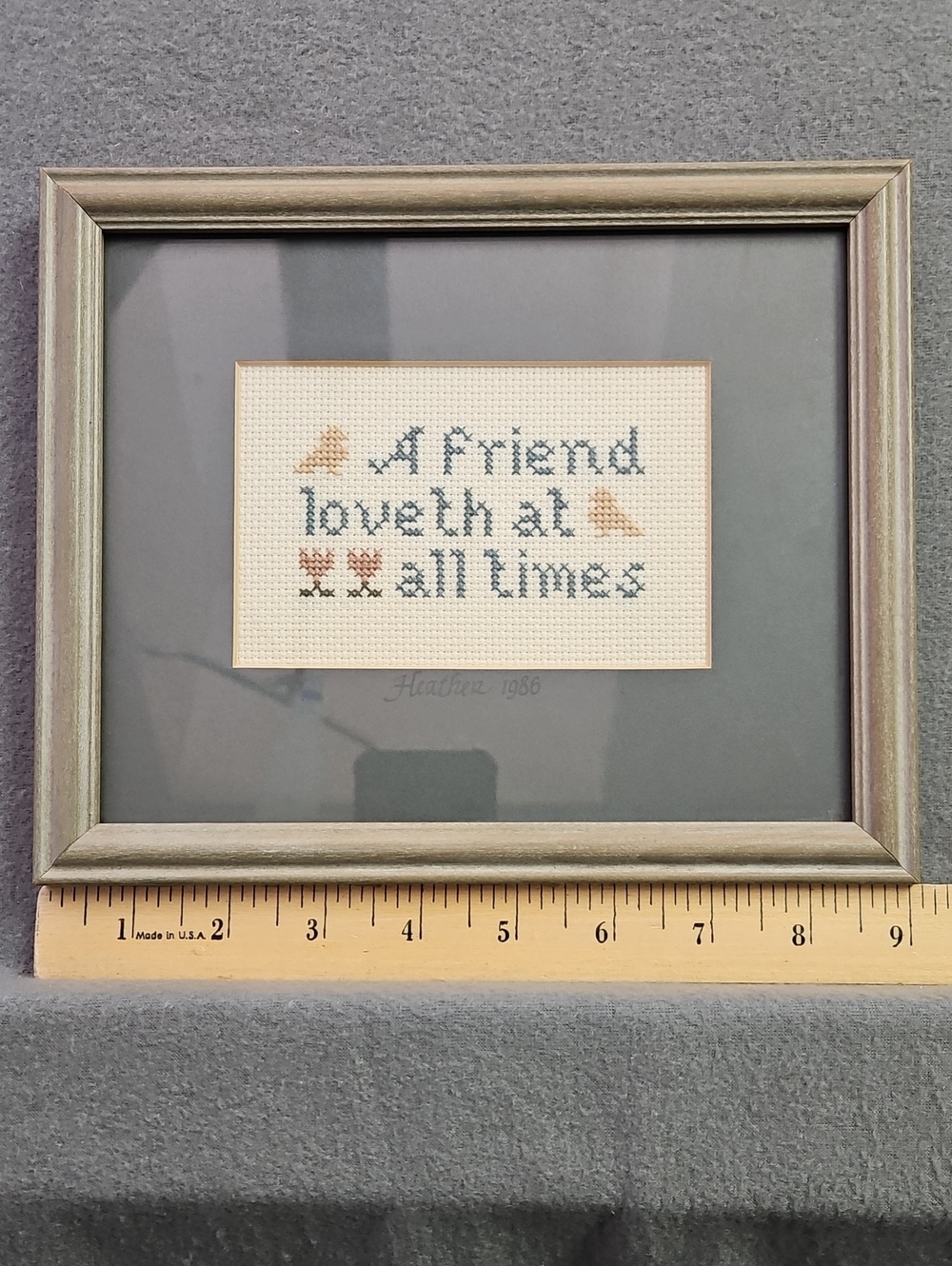 Vintage 1986 Framed Cross Stitch Sample "A Friend Loveth At All Times" Scripture